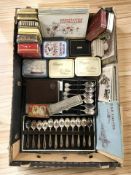 Cased sets of spoons, cigarette cards in albums, harmonica,