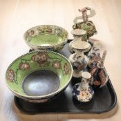 Two Maling green lustre fruit bowls, Italian figure of a lady, Japanese imari vase, Masons vases.