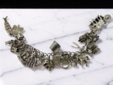 A silver charm bracelet with silver and plated charms, length 16cm.