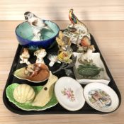 A group of porcelain bird ornaments, pin dishes, Shelley wildflowers plates, etc.