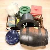 A group of breweriana including Gordons and Bacardi plastic ice coolers, Pussers rum barrel,