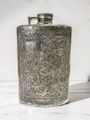 A silver hip flask, with chased foliate decoration and screw-off cap, stamped 'Sterling Silver',