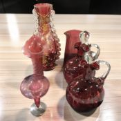 Six items of Victorian cranberry glass.