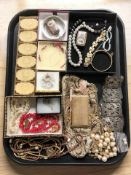 Assorted costume jewellery including an ornate EPNS pierced belt, costume pearls, purse, etc.