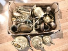 Assorted Victorian and later brass wares, a Tibetan copper plated cylindrical scroll holder, etc.