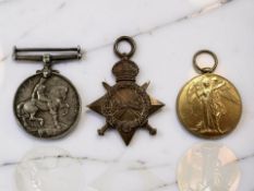 A World War I trio, comprising British War Medal, Victory Medal, and 1914-15 Star,