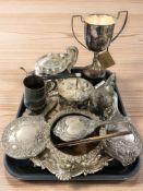 A group of EPNS wares including a small Christopher Dresser design teapot, hand mirrors, salver,