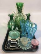 Three Victorian green glass hand painted jugs, further glass ware including boxed knife rests,