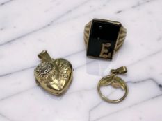 Two 9ct gold pendants and an unmarked signet ring.