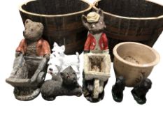 A group of concrete garden statues and players, tallest 49 cm.