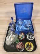 A boxed pair of crystal rummers, studio glass paperweights, dolphin ornaments.