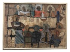 Continental School : Figures dining, mixed media on fabric, 87 cm x 63 cm.