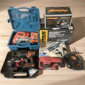 Assorted power tools including Challenge, Black & Decker, Titan, etc.