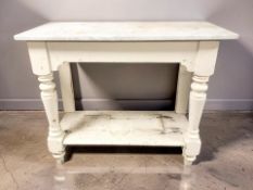 A late Victorian painted pine side table with marble top,