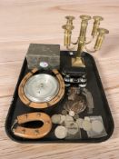 A pewter tea caddy, brass candelabrum, coins, horse shoe barometer, etc.