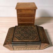 A parquetry dressing table box, width 24 cm, and a further miniature four drawer chest.
