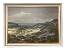 E Ball : Ducks taking flight over dunes, oil on canvas, 66 cm x 46 cm.