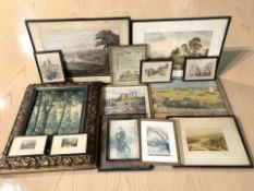 Assorted pictures and prints, pen and ink study of The Tyne Bridge in 1859,