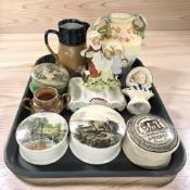 A Doulton pottery jug, Staffordshire pots, Doulton Lambeth Ware twin handled vessel with silver rim,