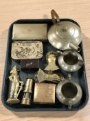 A hammered pewter three piece tea service, pair of paper clips in the form of hands, stamp box,