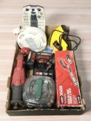 Assorted tools including cordless grass trimmer, Stanley staple gun, Parkside dremel, etc.