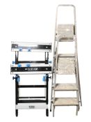 Two aluminium step ladders and a MacAllister folding work bench.