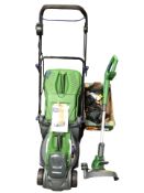 A Powerbase wireless electric lawnmower, and a strimmer, with chargers and batteries.