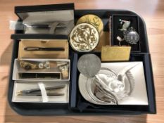 A group of boxed pens, compacts, Tipperary Crystal keyring in the form of a humming bird,