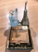Two enamelled metal angle poise lamps, graduated weights, vintage corkscrew,