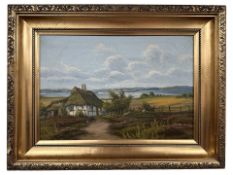 Danish School : Thatched cottage by a coast, oil on canvas, 47 cm x 32 cm.