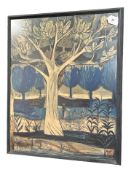 After Paul René Gauguin : Figure by a river in woodland, colour print, 47 cm x 59 cm.