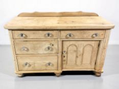A Victorian pine farmhouse sideboard with moulded glass handles, 140 cm x 56 cm x 93 cm.