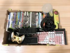 Assorted video games, controllers, headphones, keyboards, etc.