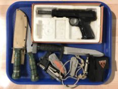 A Diana SP50 air pistol in box, together with diving knives, a folding clasp knife,