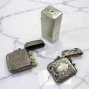 Two Victorian silver vesta cases together with a further silver plated example.