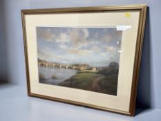 Robert Turnbull : View along a river with stone bridge beyond, colour chalks, signed lower right,