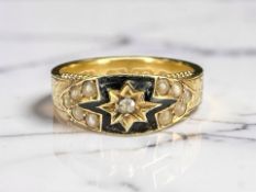 An antique 18ct gold, black enamel, and split pearl mourning ring, inscription within dated 1910,