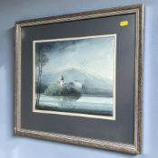 Rakinic (20th Century) : View across a lake with bell tower beyond, watercolour,