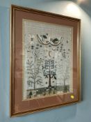 A 20th century Adam & Eve needlework sampler by Jane Younger, aged eleven years, framed and glazed,
