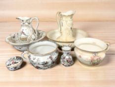 A Booths pottery wash jug and basin, and several other bowls, chamber pots, etc.