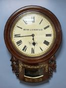 A 19th century mahogany and brass inlaid drop dial single fusee wall timepiece,