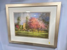 Walter Holmes : View across a village green with church beyond, colour chalks, signed lower right,