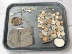 A group of antique and later coins, chain purse, mother of pearl case, two white metal chains,
