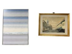 A contemporary watercolour depicting waves by a beach, 46 cm x 64 cm,