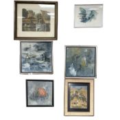 A group of six continental pictures to include Danish oils on canvas, signed colour print,