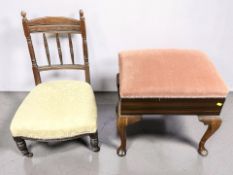 A Victorian mahogany low salon chair, height 72 cm, together with a draylon covered stool.