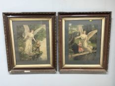 Two antiquarian lithographic prints depicting angels , in gilt frames,