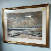 Robert Turnbull : View along a rocky beach towards a village, colour chalks, signed lower right,