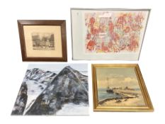 A Danish abstract colour print, 68 cm x 48 cm, together with three further continental pictures.