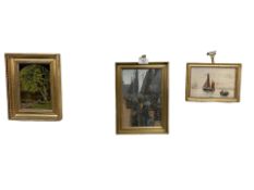 Continental School : Figures by fishing boats, oil on card, 15 cm x 23 cm,